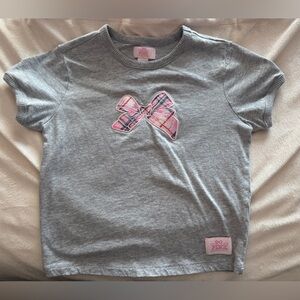 LoveShackFancy Gray Tee with Pink Bow Accent